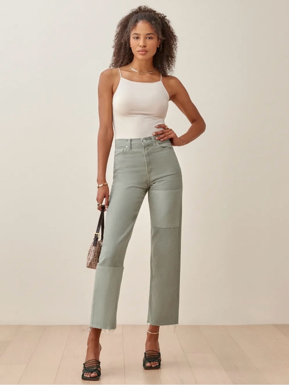 Reformation Ryan Tonal Patch High Rise Straight Leg Jeans in Sage Green
